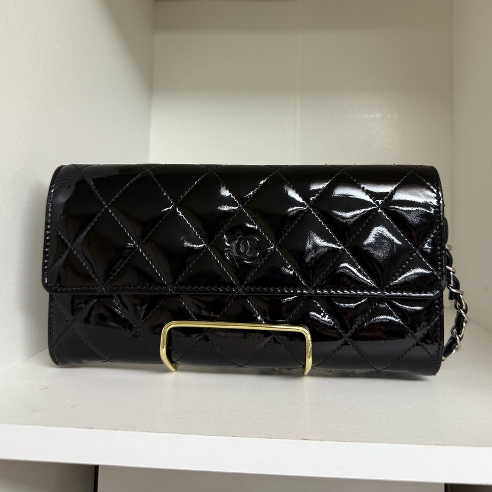 Chanel Patent Leather Wallet with unbranded chain.